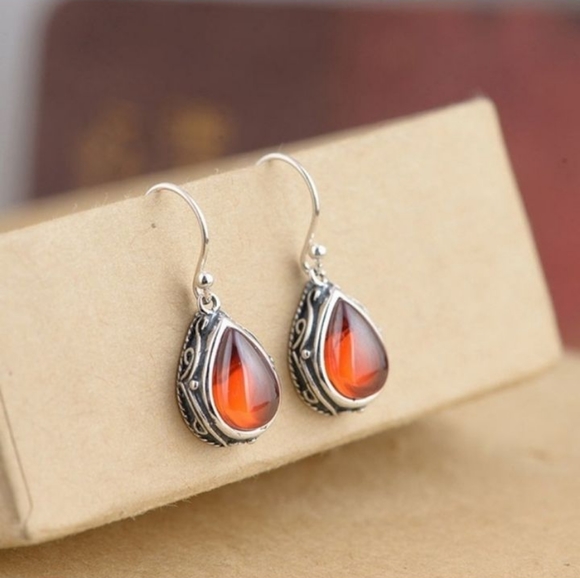Red & Silver Filigree Teardrop Fish Hook Earrings - Picture 6 of 7
